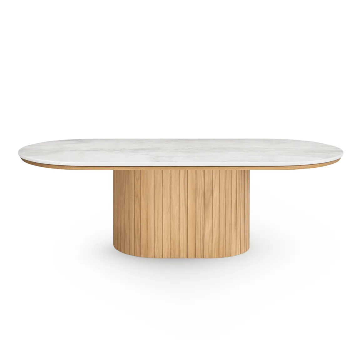 Bobby - Oval sofabord med lys beige stenbordplade og fod i eg 120x55x45 cm