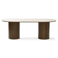 Enzo ovalt spisebord med stenbordplade i beige og lamelfod i røget eg 220x100x76 cm
