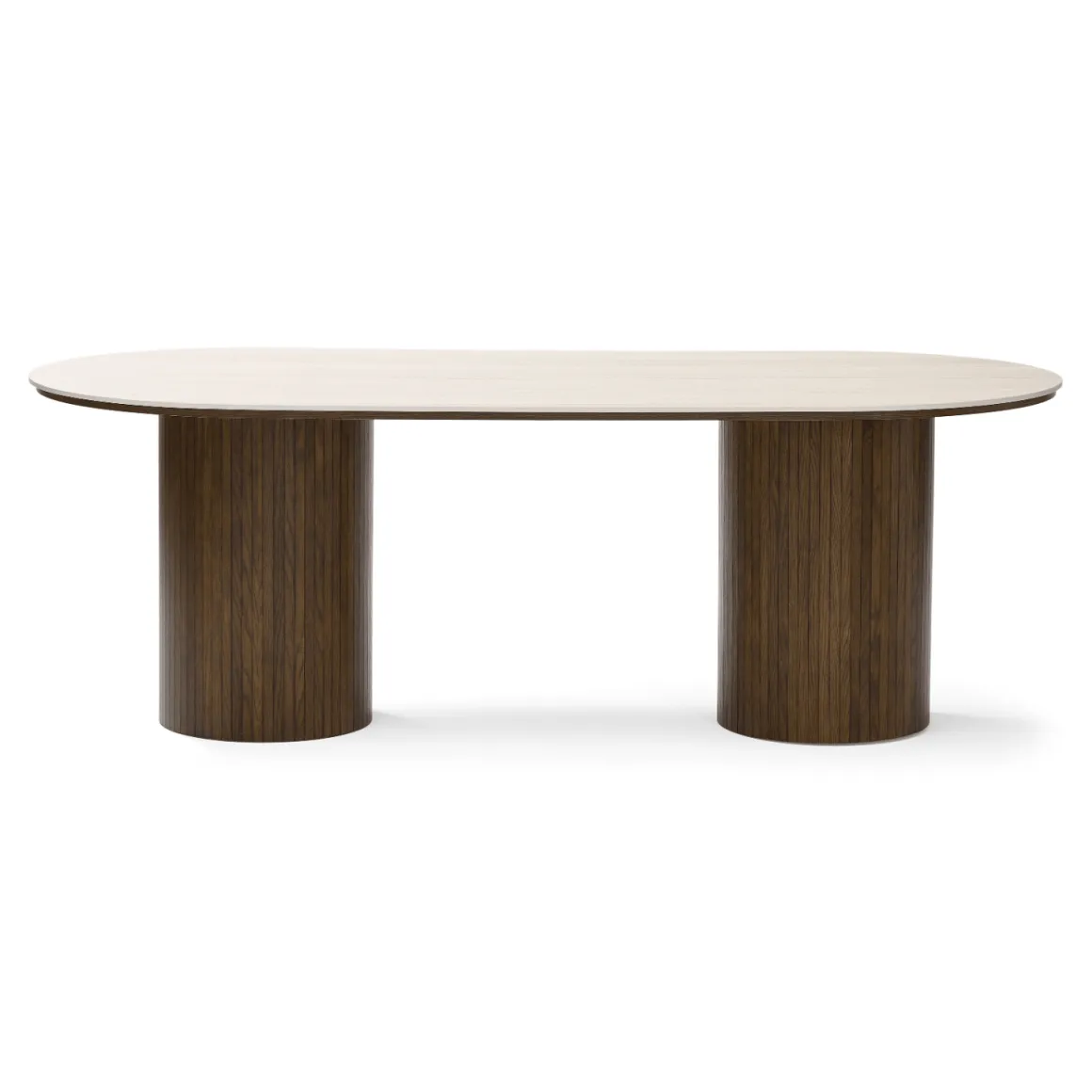 Enzo ovalt spisebord med stenbordplade i beige og lamelfod i røget eg 220x100x76 cm