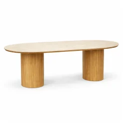 Enzo ovalt spisebord med stenbordplade i beige og lamelfod i eg 220x100x76 cm