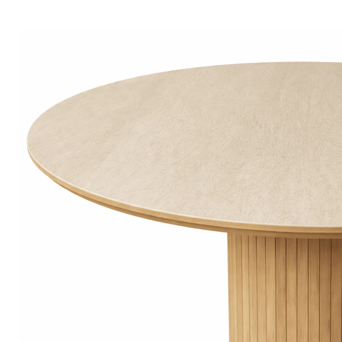 Enzo rundt spisebord med bordplade i beige sten og lamelfod i egetræ Ø120 cm