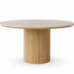 Enzo rundt spisebord med bordplade i beige sten og lamelfod i egetræ Ø120 cm