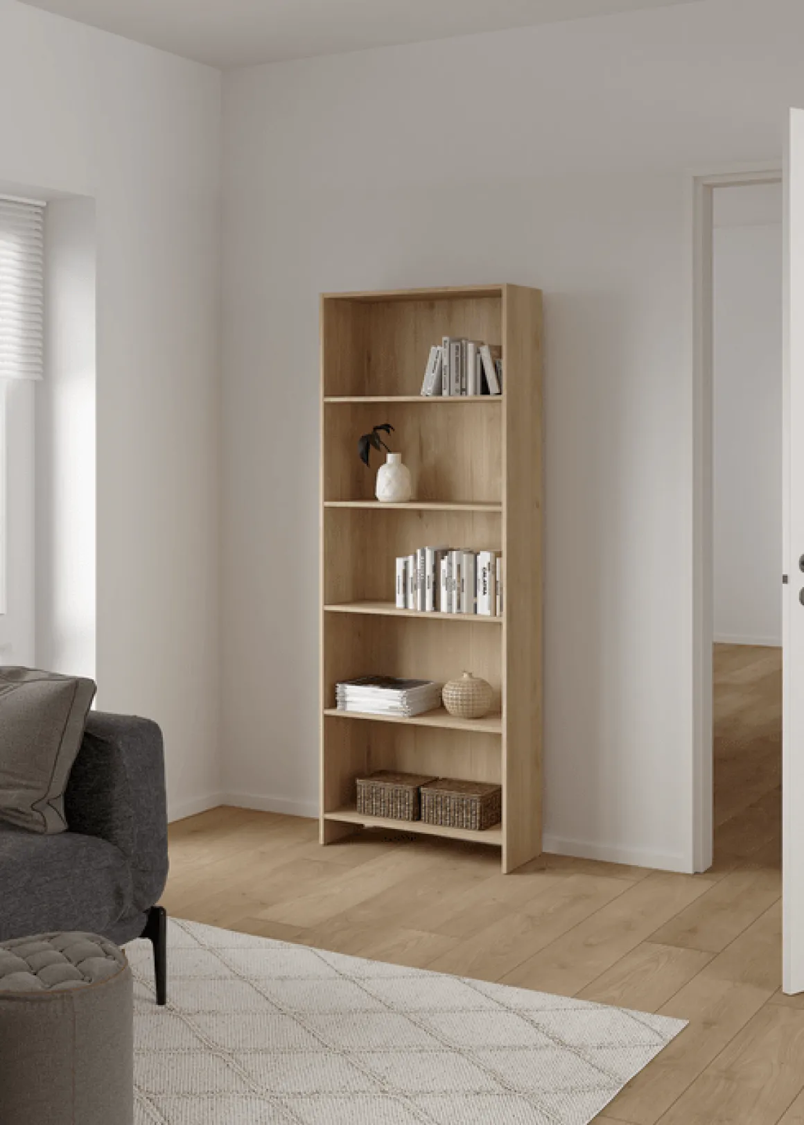 Maddie reol med 5 hylder i eg 175,5x66x25,5 cm