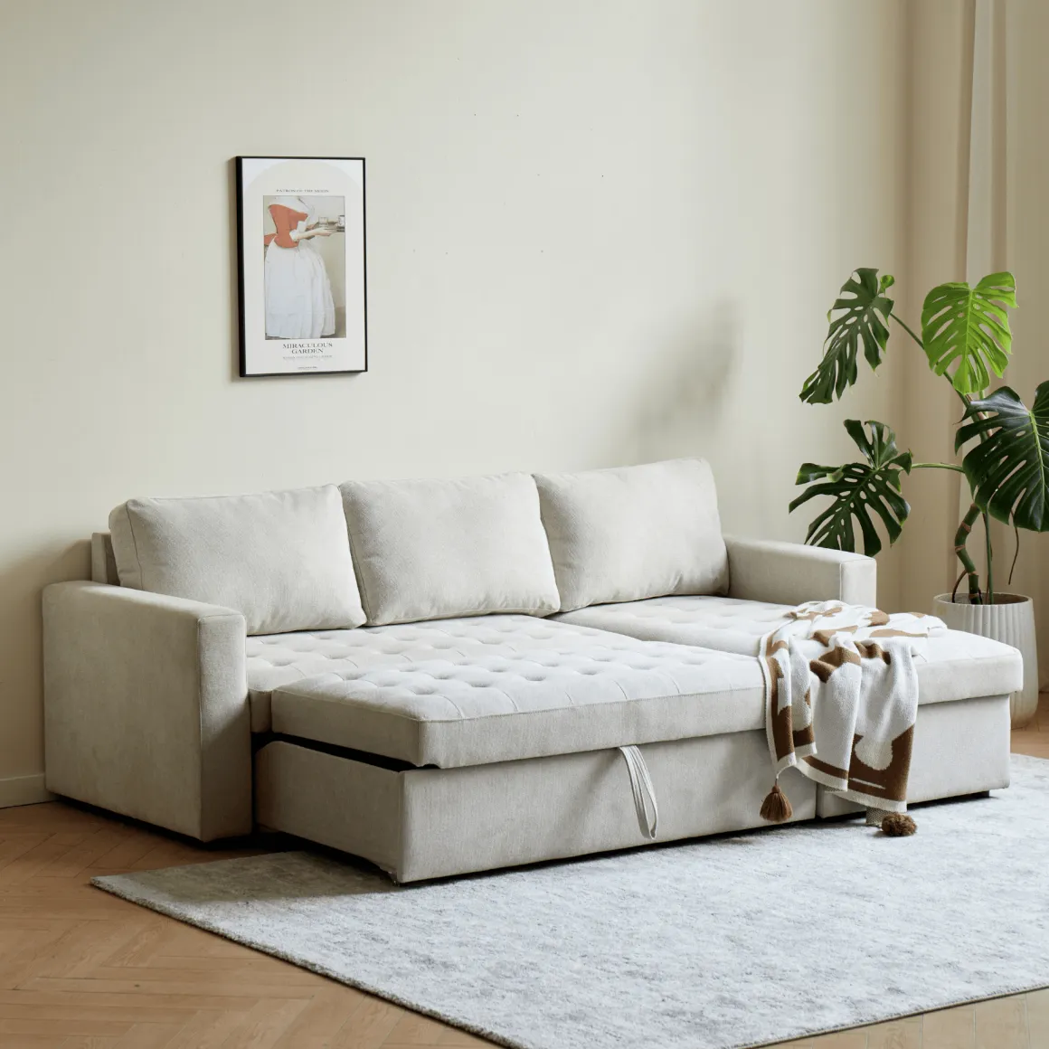 Sinus beige sovesofa med vendbar chaiselong og opbevaring